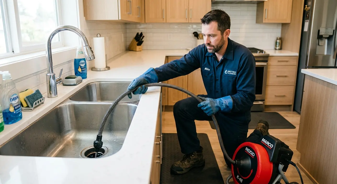 Drain cleaning technician using a motorized snake on a kitchen sink in Timberlane