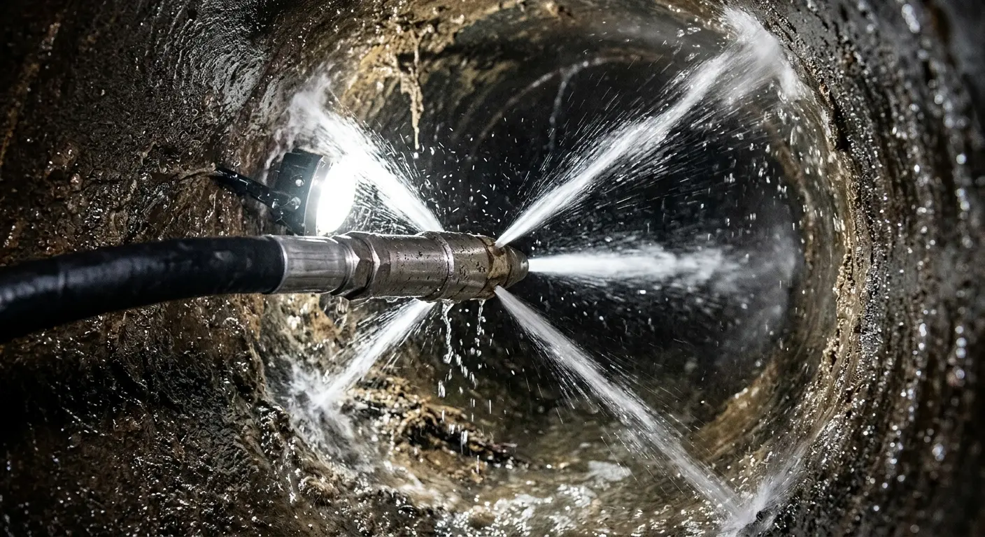 High-pressure hydro jetting nozzle cleaning sewer pipe for Trenchless Sewer Repair in Timberlane