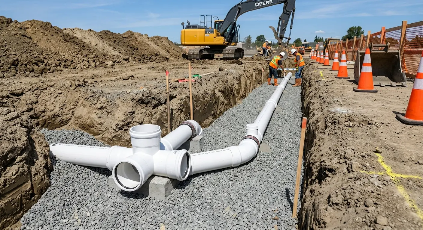 New PVC sewer pipe installation in open trench for Sewer Backup in Timberlane
