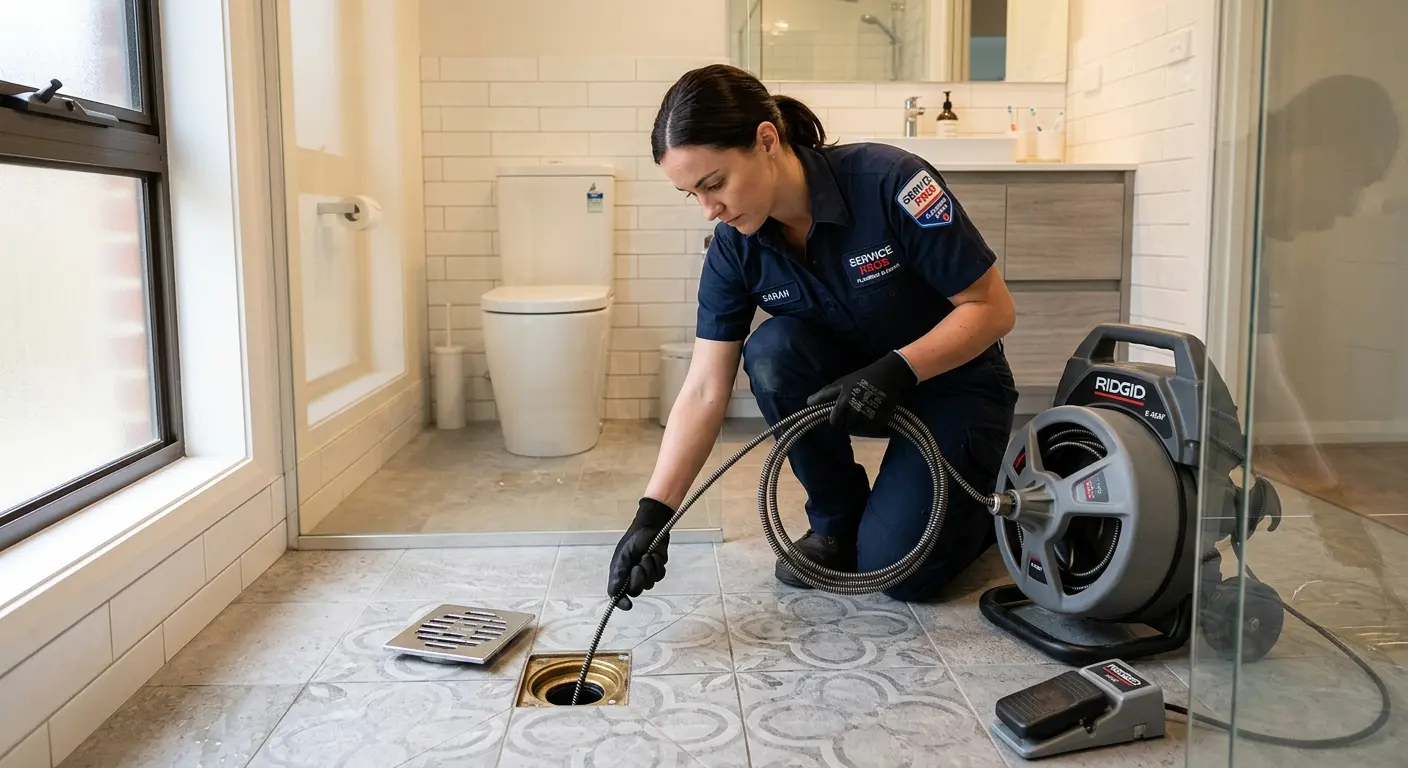 Technician clearing a bathroom floor drain for Drain Cleaning in Timberlane